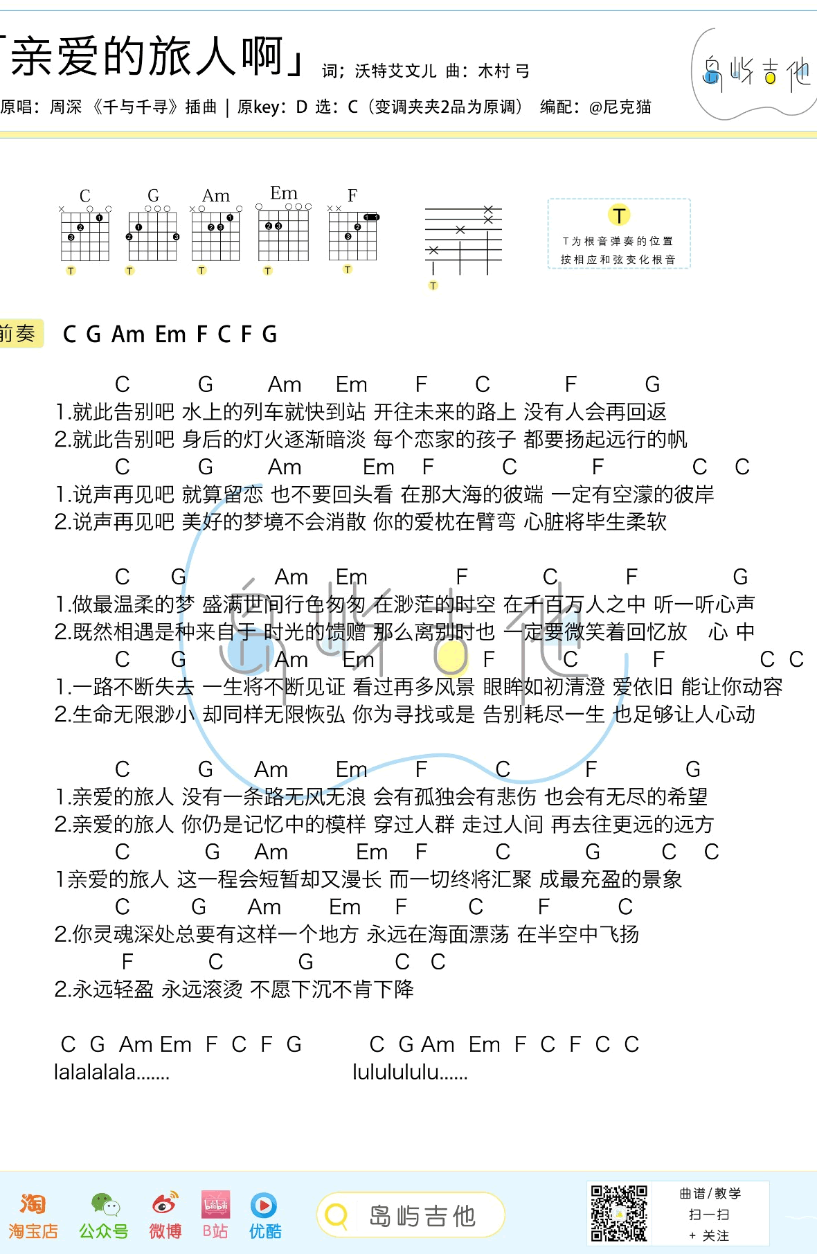 亲爱的旅人啊吉他谱 周深《千与千寻》主题曲3