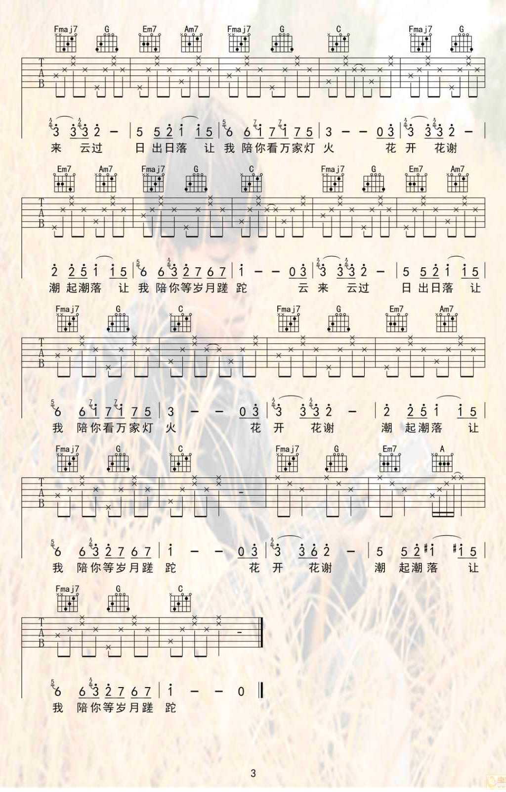 陪你看万家灯火吉他谱-C调原版六线谱-夏沙-高清弹唱谱3