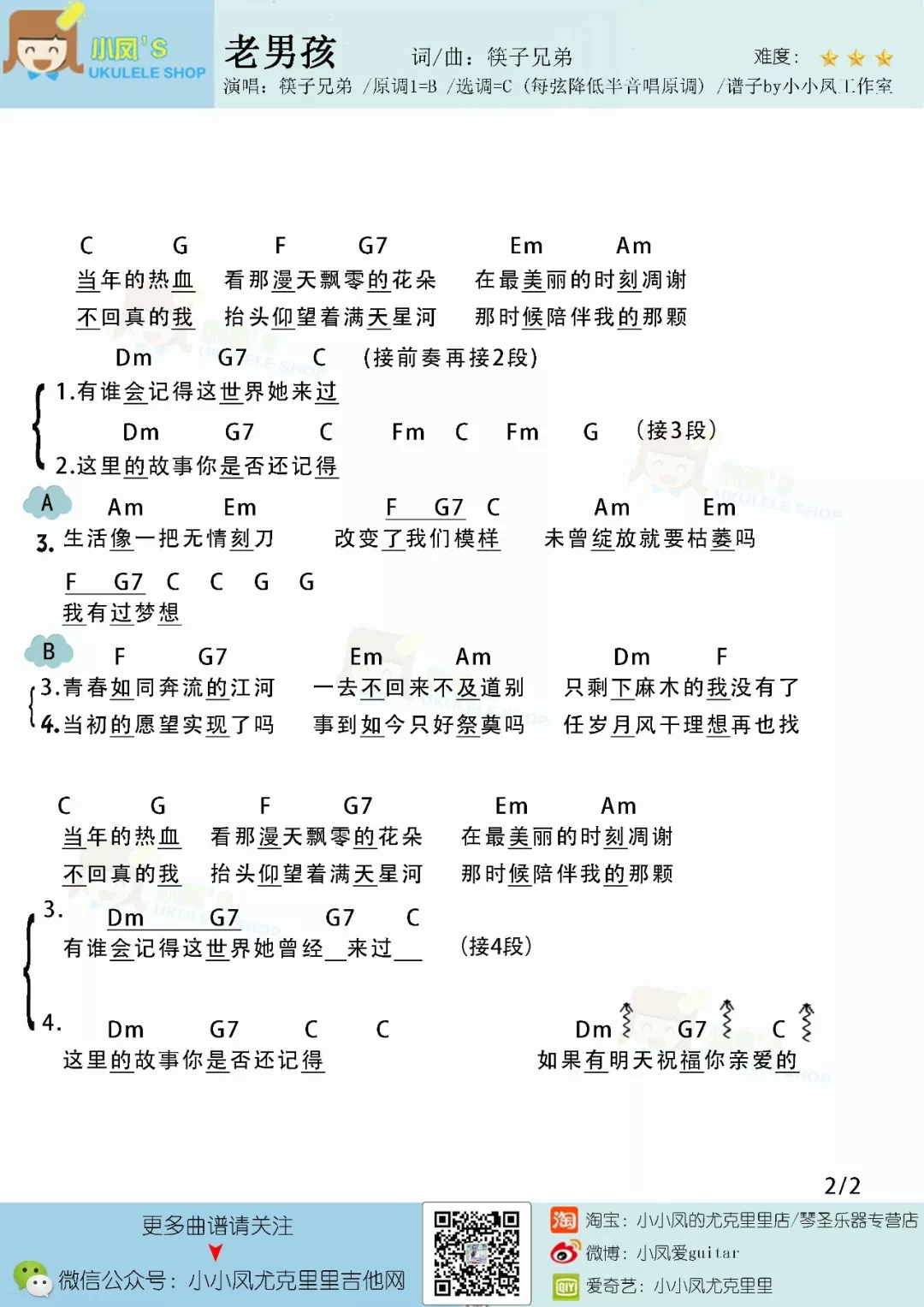 老男孩尤克里里谱-筷子兄弟-当年这首歌唱哭了无数观众2